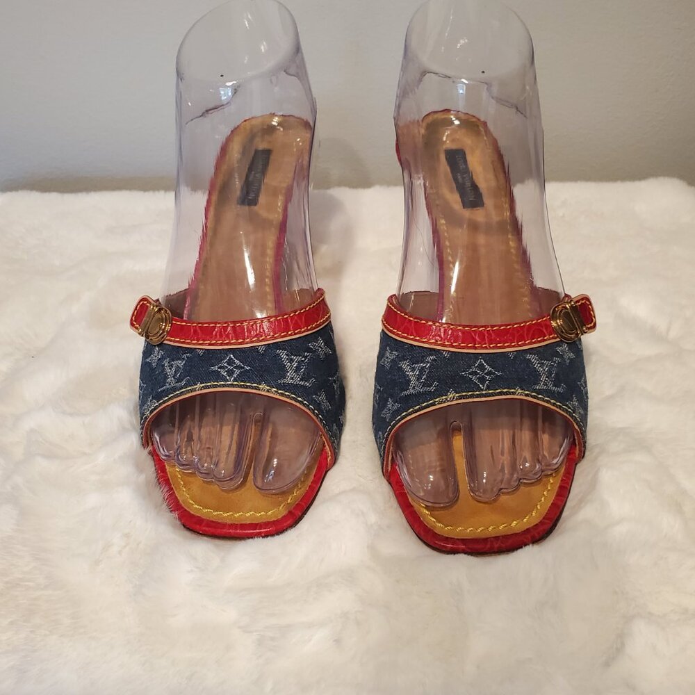 Louis Vuitton Monogram Denim Slide Sandals Red Leather Y2K LV Mule Luxury Size 9 - Picture 5 of 16